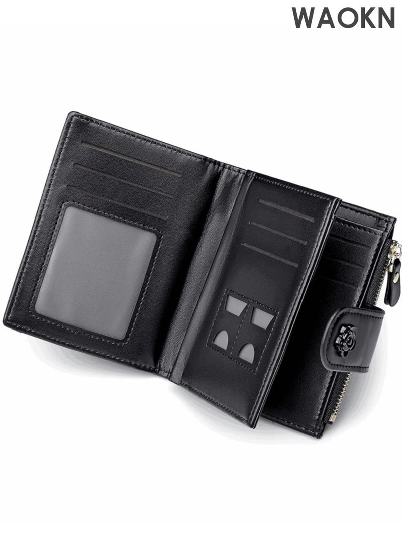 WAOKN Small Wallets for Women and men , Leather Bifold Wallet , suitable for Women and men , Blocking Purse Credit Card Holder, Multi slot wallet , wallet with 12 Card Slots and ID Window Coin Pocket , black . - Image 5